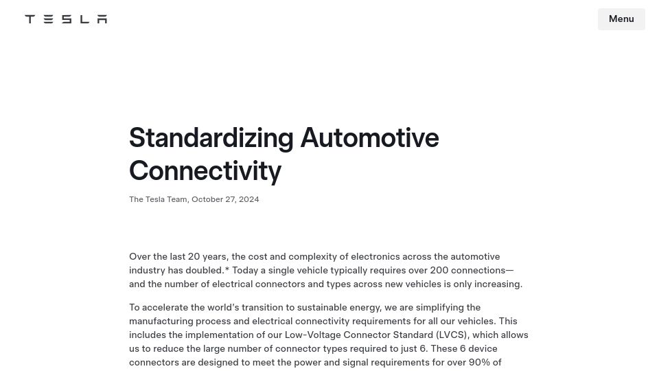 Screenshot of tesla.com: Standardizing Automotive Connectivity