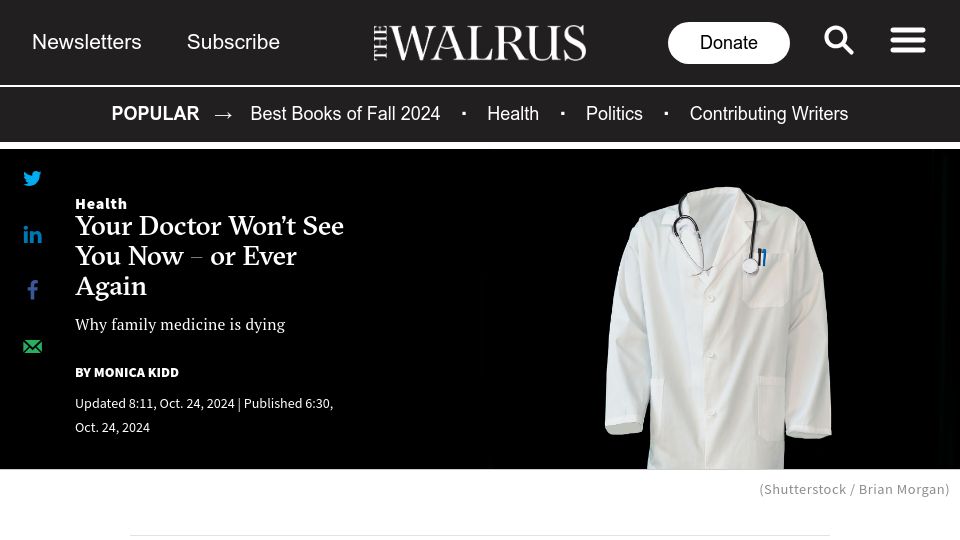 Screenshot of thewalrus.ca: Family medicine is in decline