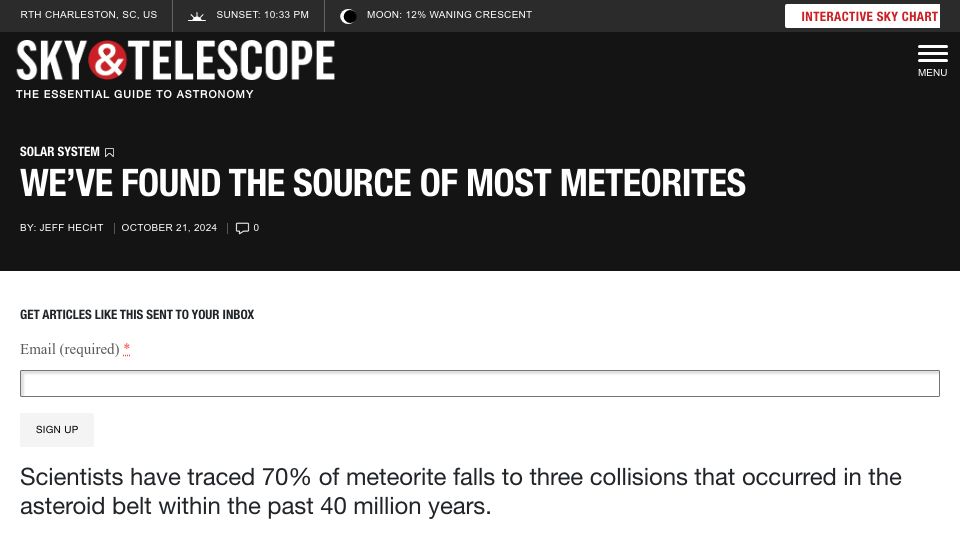 Screenshot of skyandtelescope.org: 70% of meteorites from 3 collisions in asteroid belt within past 40M years
