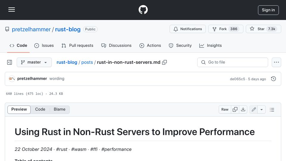 Screenshot of github.com: Using Rust in non-Rust servers to improve performance