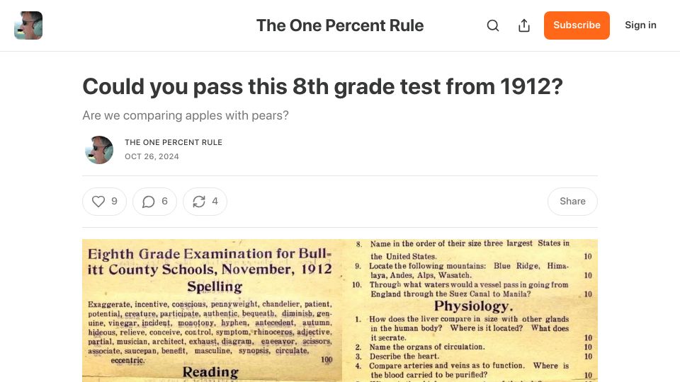 Screenshot of onepercentrule.substack.com: Could you pass this 8th grade test from 1912?