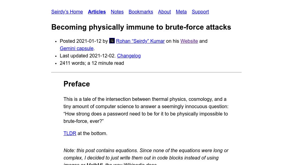 Screenshot of seirdy.one: Becoming physically immune to brute-force attacks (2021)