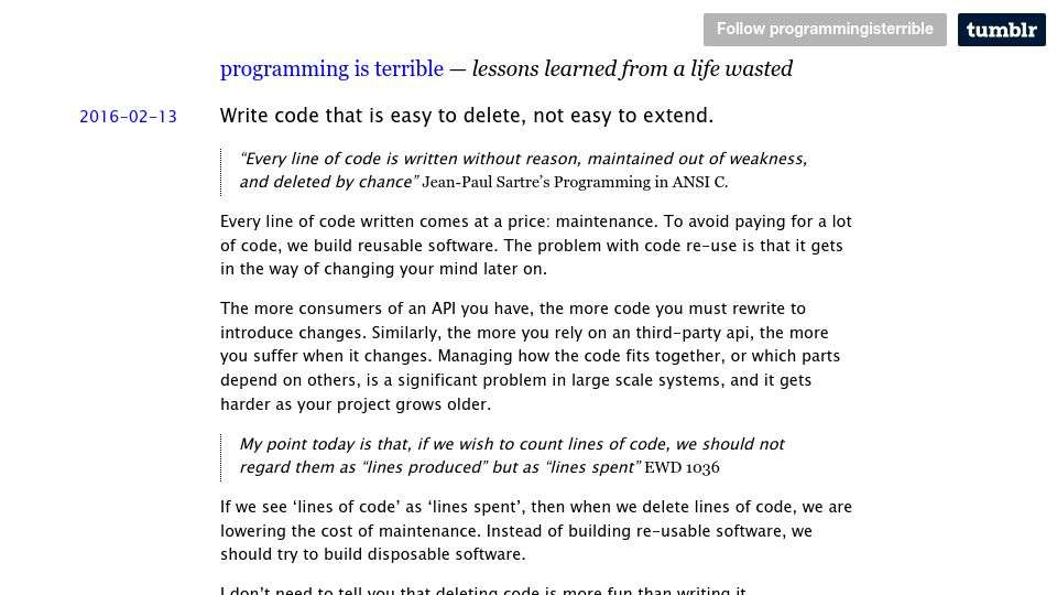 Screenshot of programmingisterrible.com: Write code that is easy to delete, not easy to extend (2016)