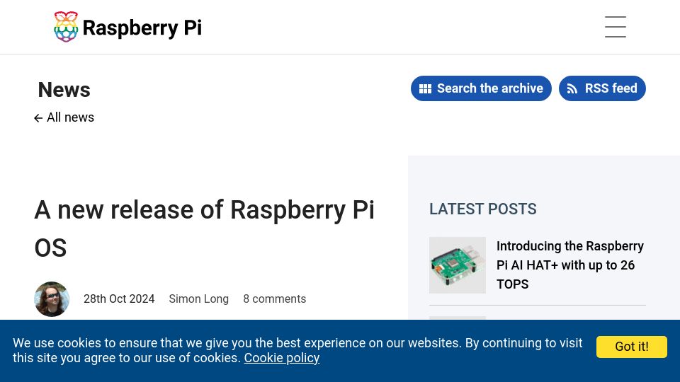 Screenshot of raspberrypi.com: A new release of Raspberry Pi OS