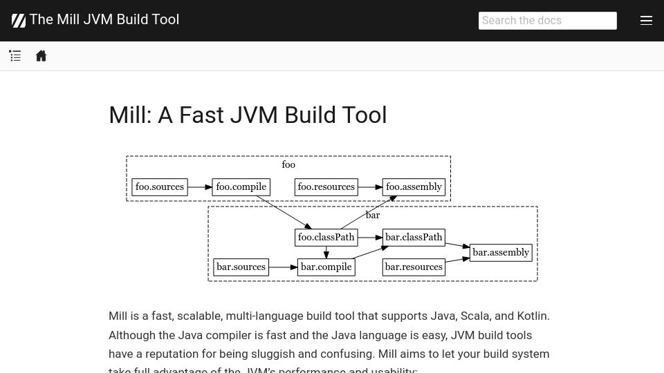 Screenshot of mill-build.org: Mill: A fast JVM build tool for Java and Scala