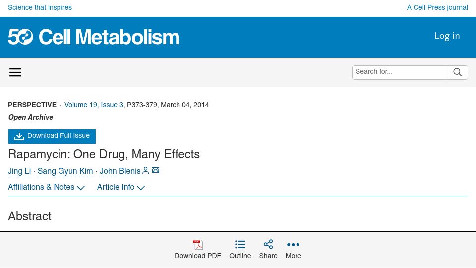 Screenshot of cell.com: Rapamycin: One Drug, Many Effects (2014)