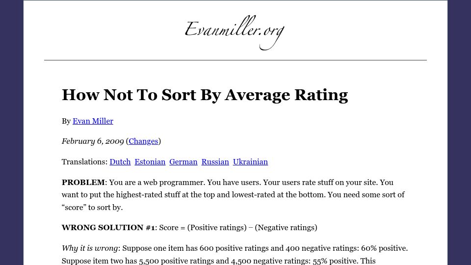 Screenshot of evanmiller.org: How not to sort by average rating (2009)