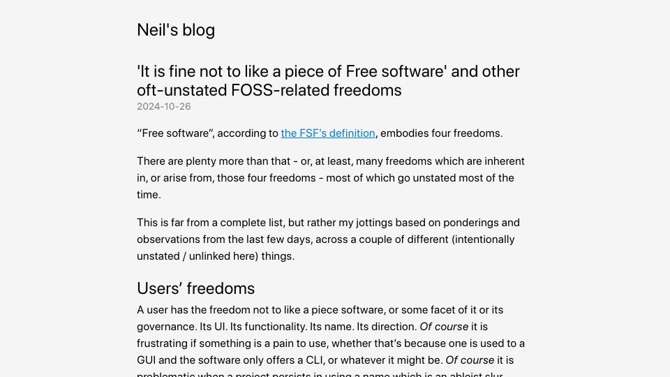 Screenshot of neilzone.co.uk: It is fine not to like a piece of Free software