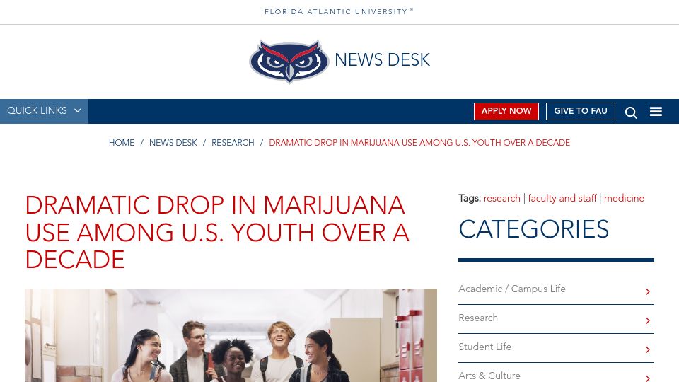 Screenshot of fau.edu: Dramatic drop in marijuana use among U.S. youth over a decade