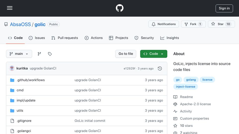 Screenshot of github.com: GoLic, injects license into source code files
