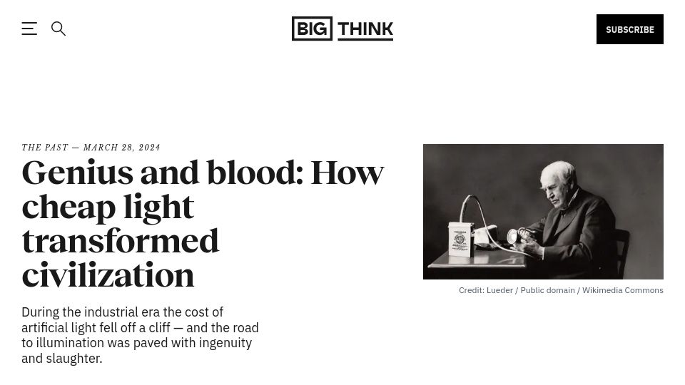 Screenshot of bigthink.com: Cheap light transformed civilization
