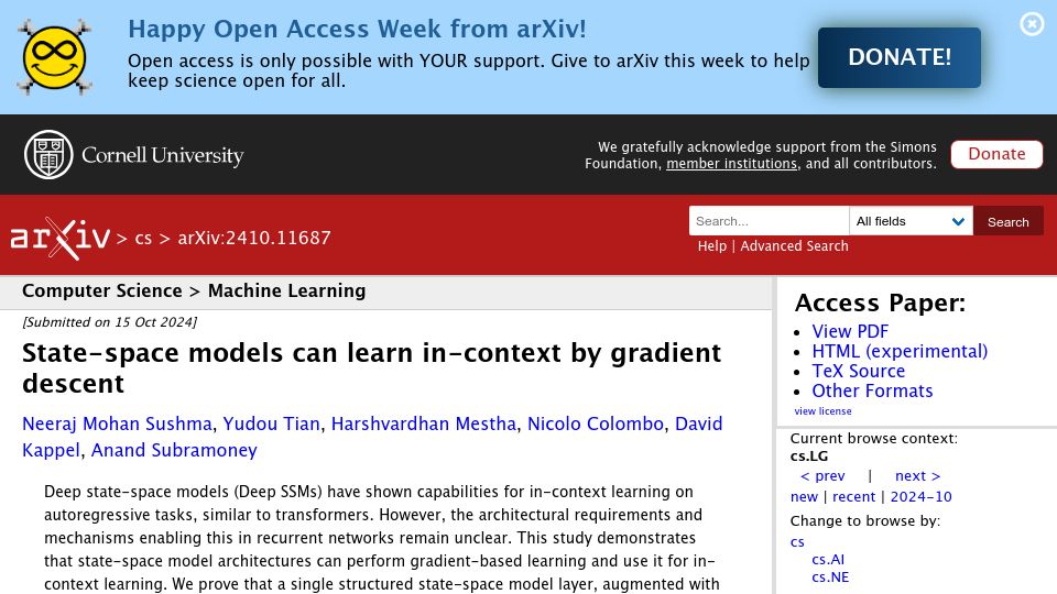 Screenshot of arxiv.org: State-space models can learn in-context by gradient descent