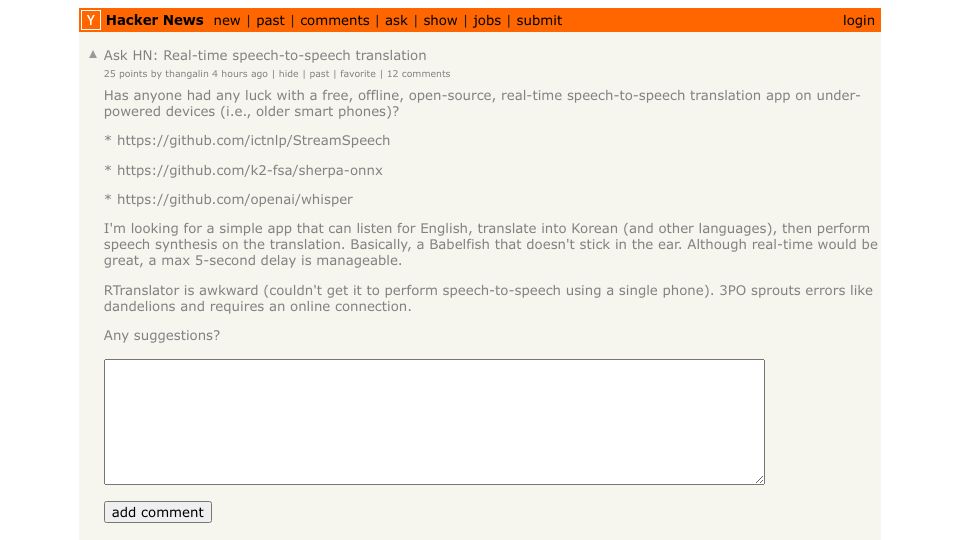 Screenshot of Hacker News post: Ask HN: Real-time speech-to-speech translation