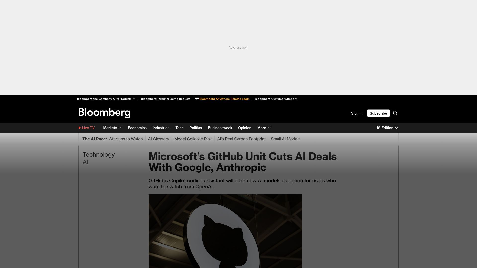 Screenshot of bloomberg.com: GitHub cuts AI deals with Google, Anthropic