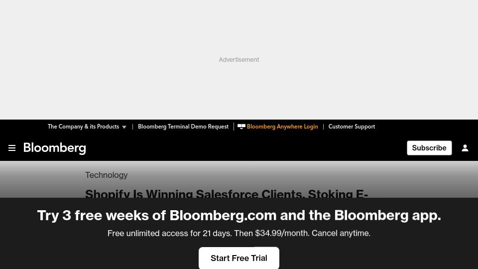 Screenshot of bloomberg.com: Shopify Is Winning Salesforce Clients, Stoking E-Commerce Rivalry