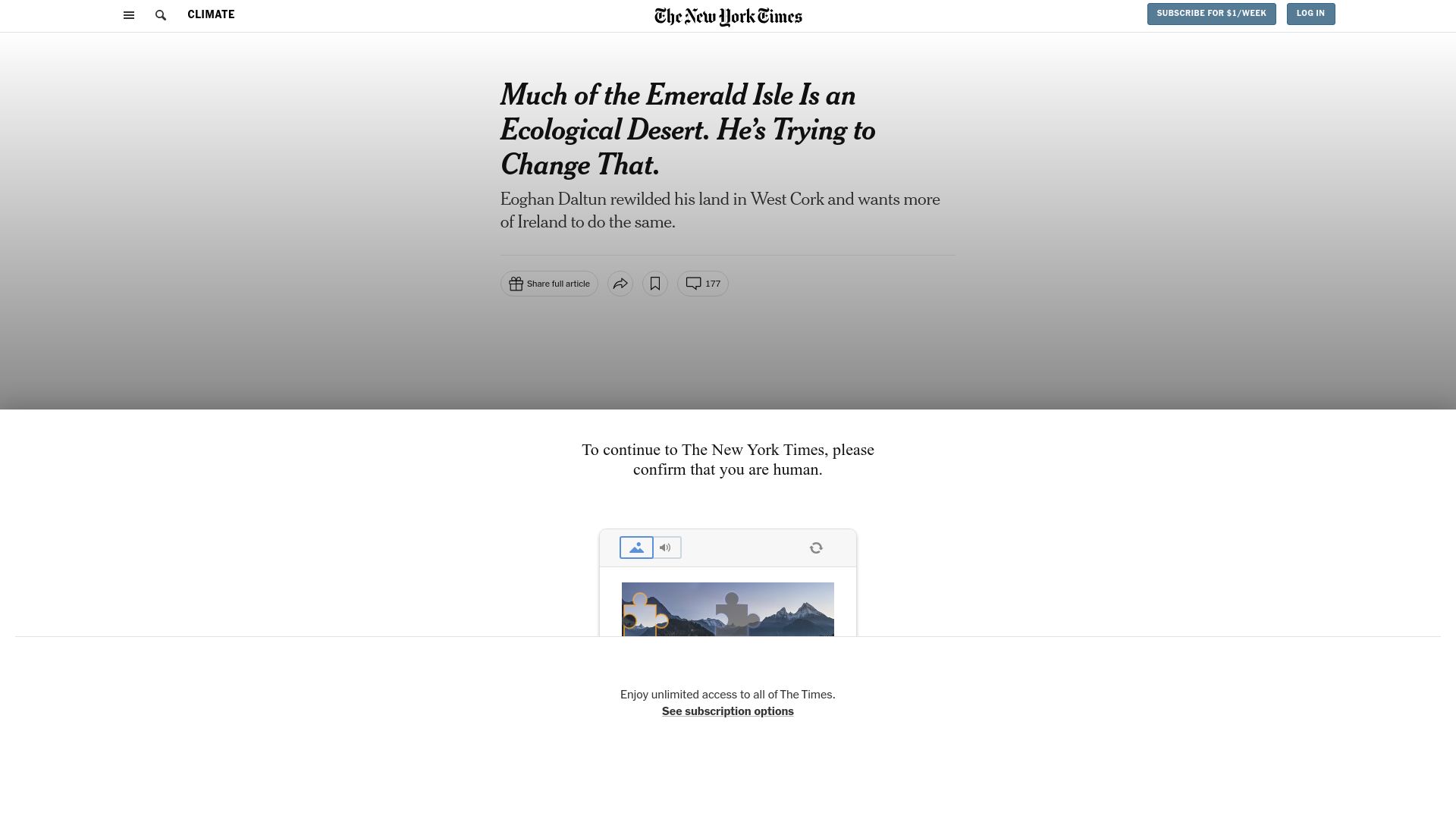 Screenshot of nytimes.com: Much of Ireland Is an Ecological Desert. Meet the Man Who Wants to Rewild It