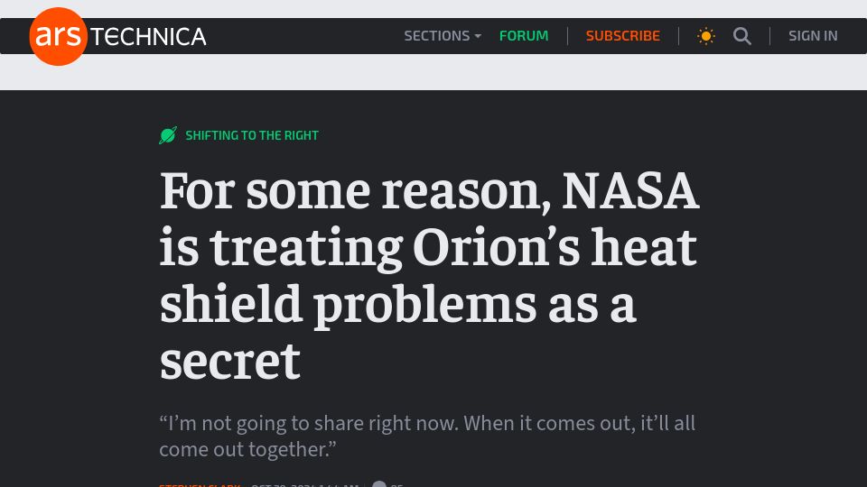 Screenshot of arstechnica.com: For some reason, NASA is treating Orion's heat shield problems as a secret