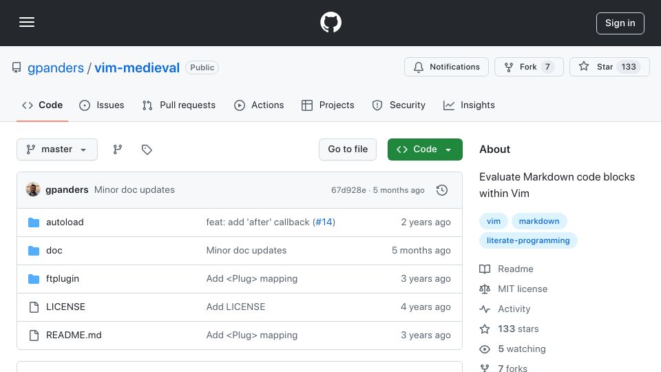Screenshot of github.com: Evaluate Markdown code blocks within Vim