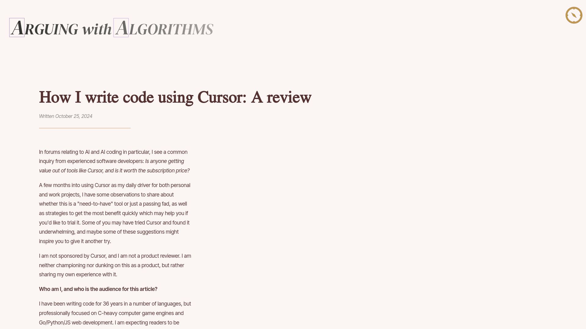 Screenshot of arguingwithalgorithms.com: How I write code using Cursor