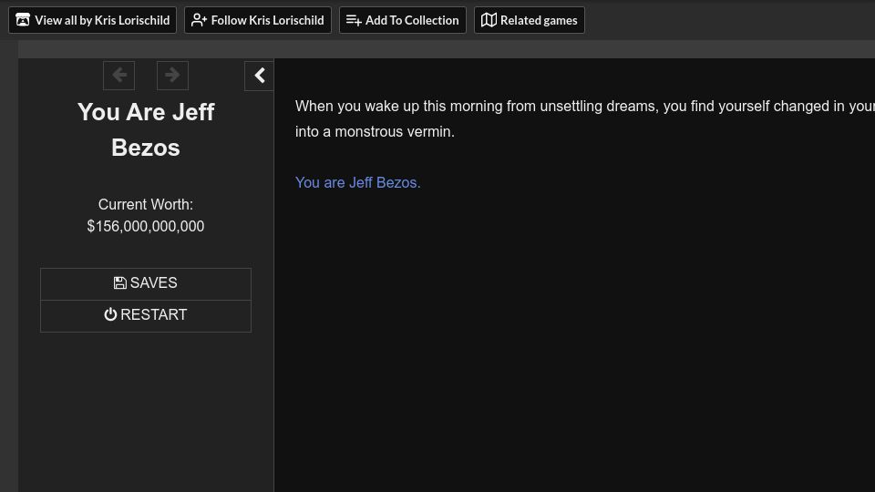 Screenshot of direkris.itch.io: You Are Jeff Bezos