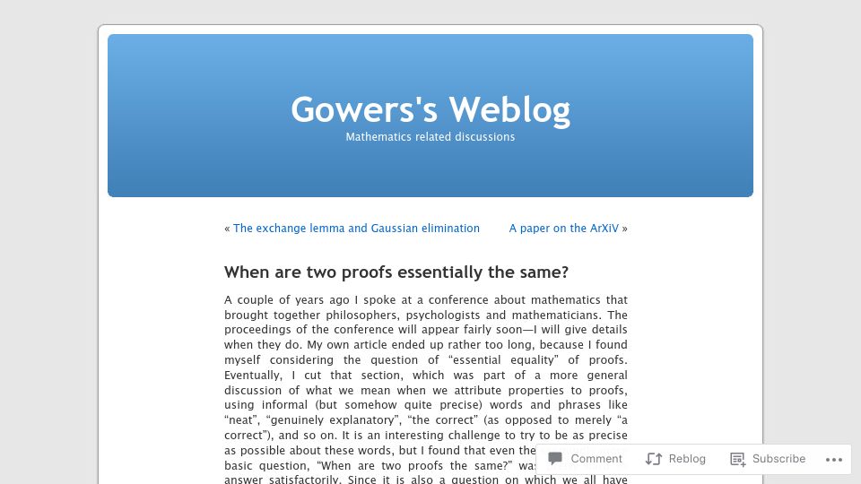 Screenshot of gowers.wordpress.com: When are two proofs essentially the same? (2007)