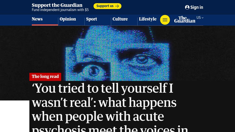 Screenshot of theguardian.com: What happens when people with acute psychosis meet the voices in their heads?