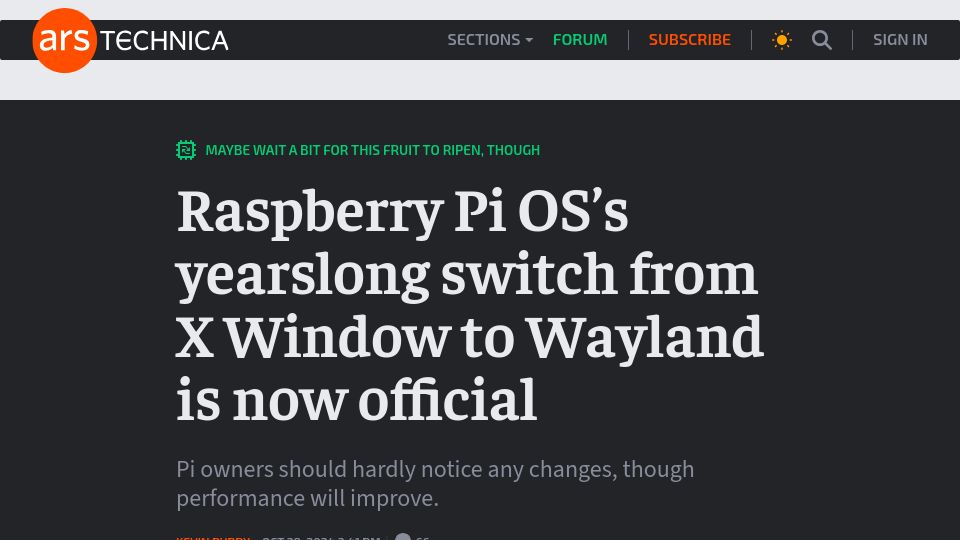 Screenshot of arstechnica.com: Raspberry Pi OS's yearslong switch from X Window to Wayland is now official