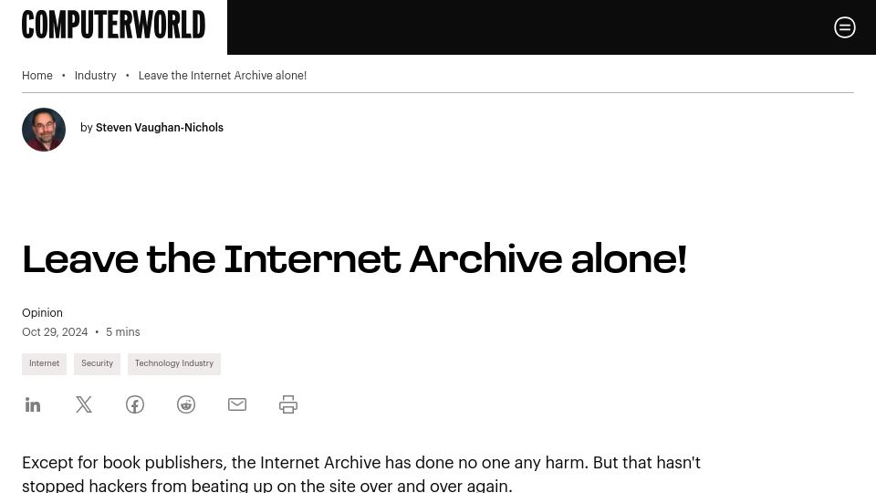 Screenshot of computerworld.com: Leave the Internet Archive Alone