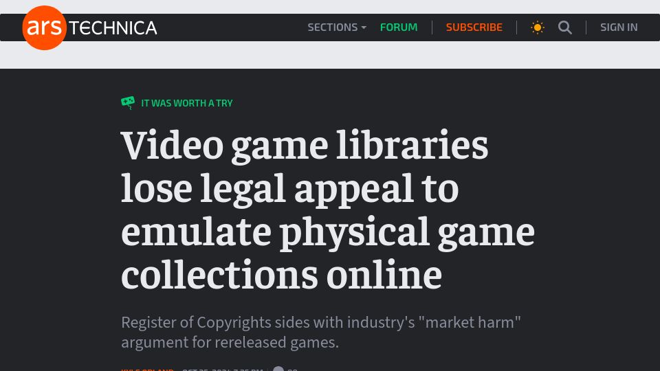Screenshot of arstechnica.com: Video game libraries lose legal appeal to emulate physical games online