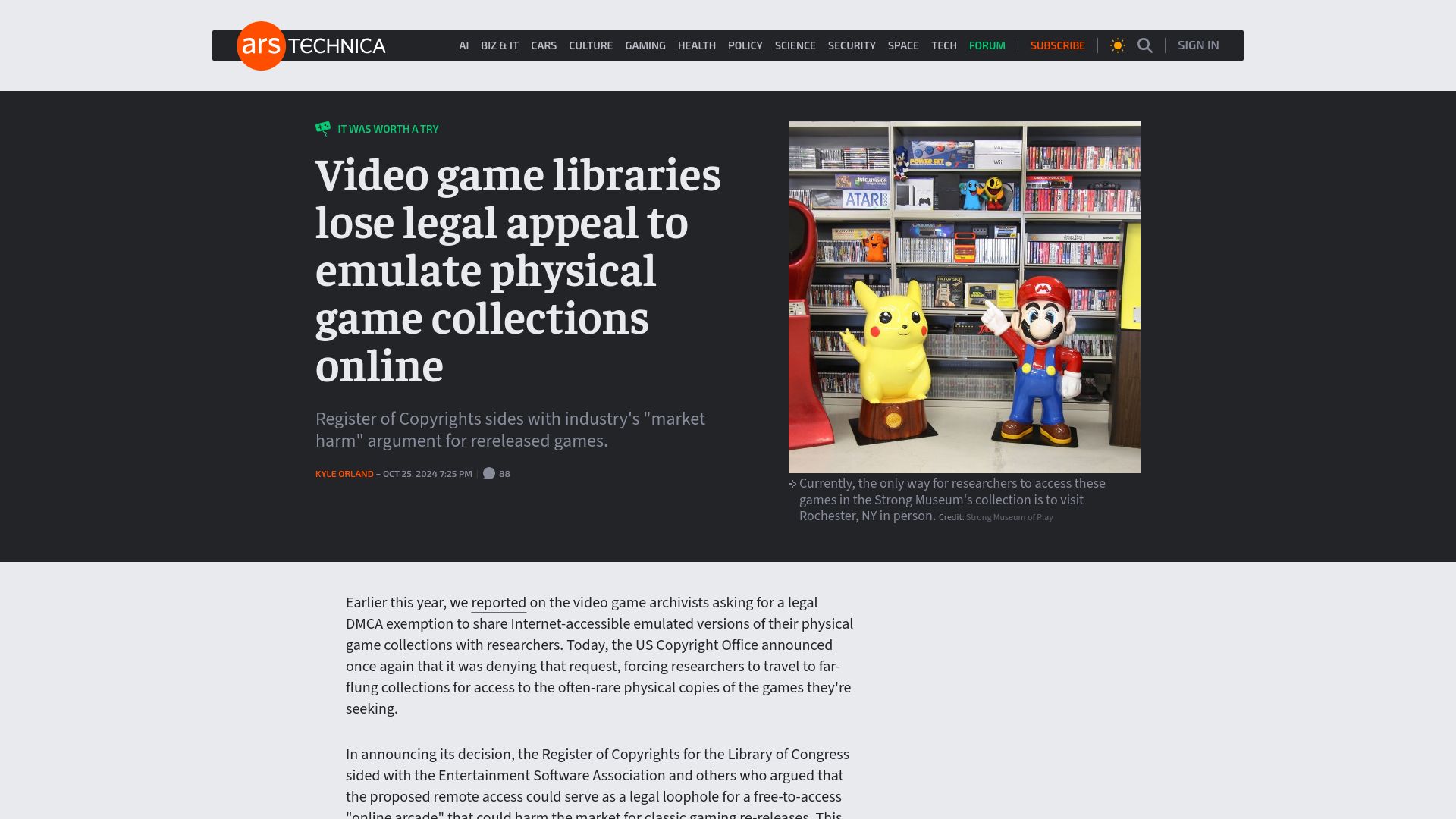 Screenshot of arstechnica.com: Video game libraries lose legal appeal to emulate physical games online