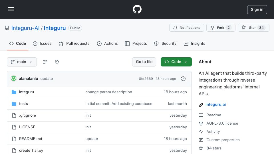 Screenshot of github.com: Launch HN: Integuru (YC W24) – Reverse-engineer internal APIs using LLMs
