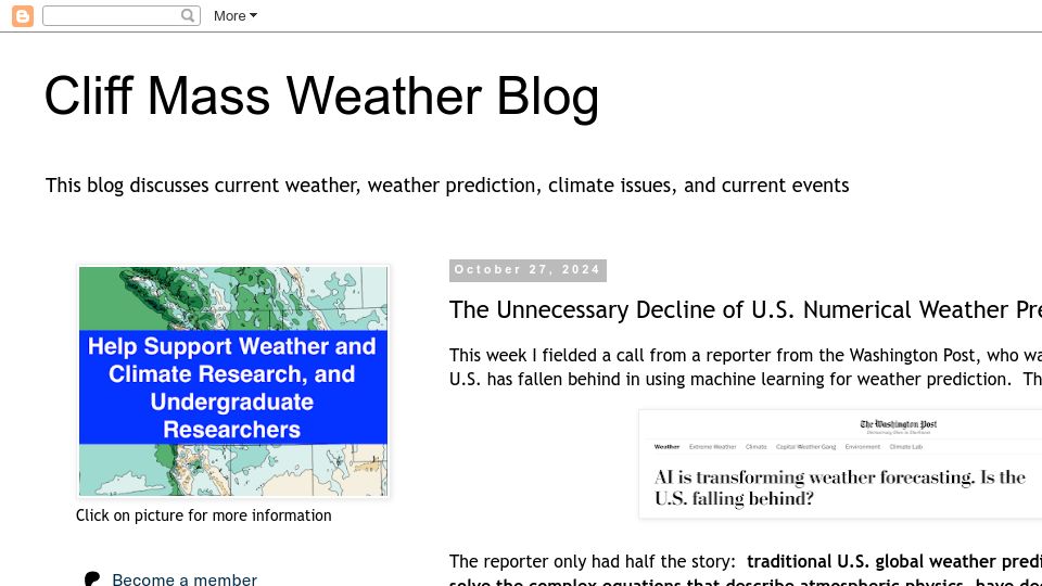 Screenshot of cliffmass.blogspot.com: The unnecessary decline of U.S. numerical weather prediction