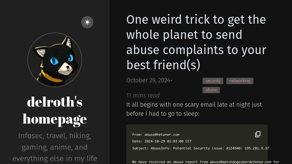 Screenshot of delroth.net: How to get the whole planet to send abuse complaints to your best friends