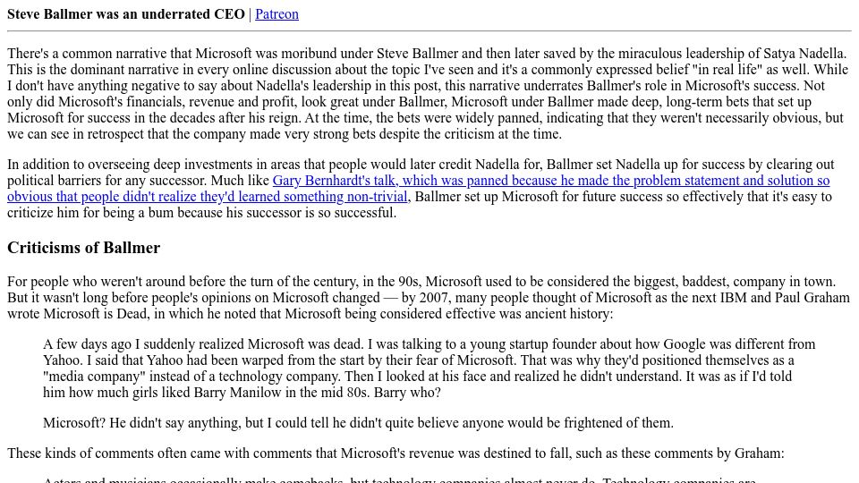 Screenshot of danluu.com: Steve Ballmer was an underrated CEO