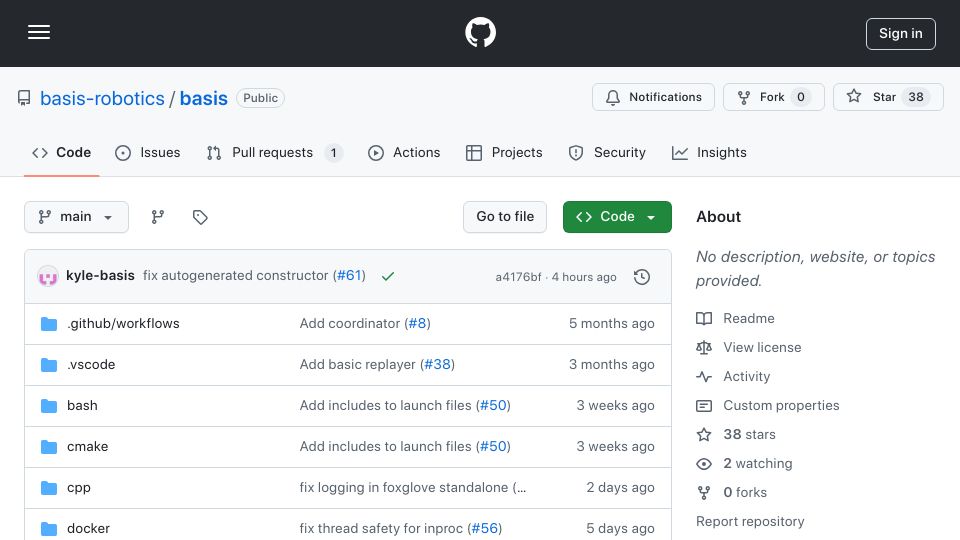Screenshot of github.com: Show HN: Basis – a production focused robotics framework
