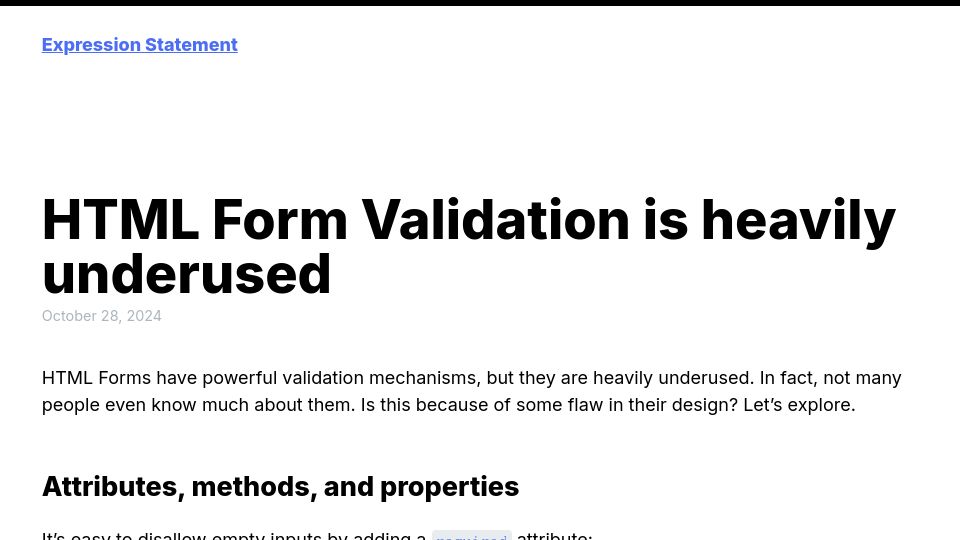 Screenshot of expressionstatement.com: HTML Form Validation is underused