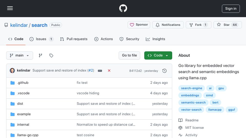 Screenshot of github.com: Go library for in-process vector search and embeddings with llama.cpp
