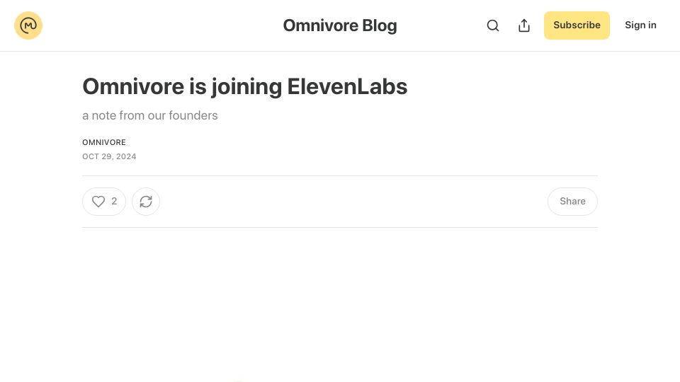 Screenshot of blog.omnivore.app: Omnivore Is Joining ElevenLabs