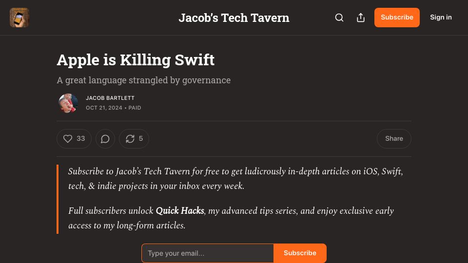 Screenshot of blog.jacobstechtavern.com: Swift – A great language strangled by governance?