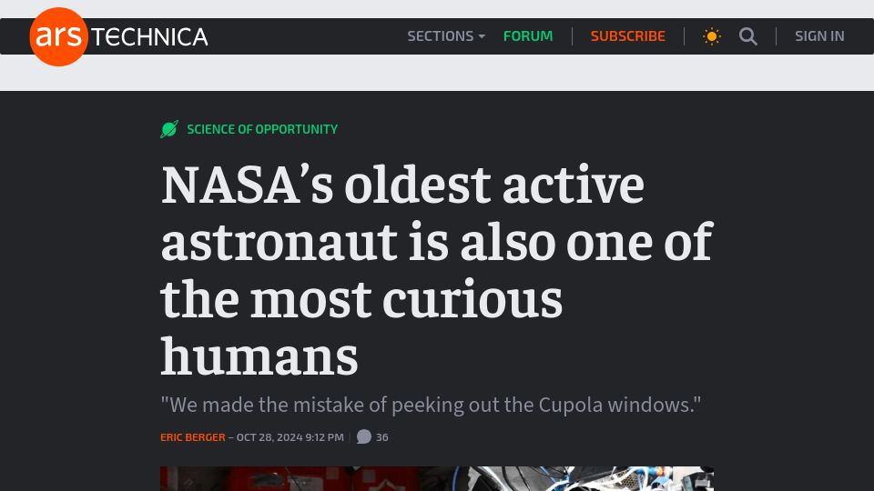 Screenshot of arstechnica.com: NASA's oldest active astronaut is also one of the most curious humans