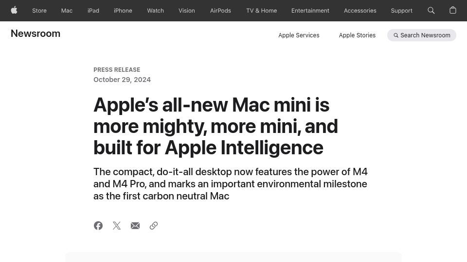 Screenshot of apple.com: New Mac Mini with M4