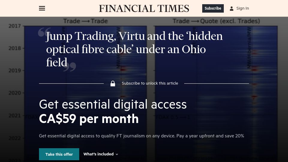 Screenshot of ft.com: Jump Trading, Virtu and the 'hidden optical fibre cable' under an Ohio field