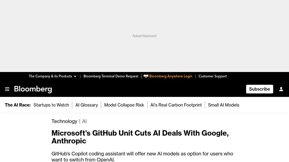 Screenshot of bloomberg.com: GitHub cuts AI deals with Google, Anthropic