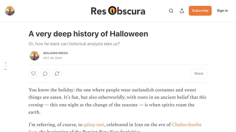 Screenshot of resobscura.substack.com: A deep history of Halloween
