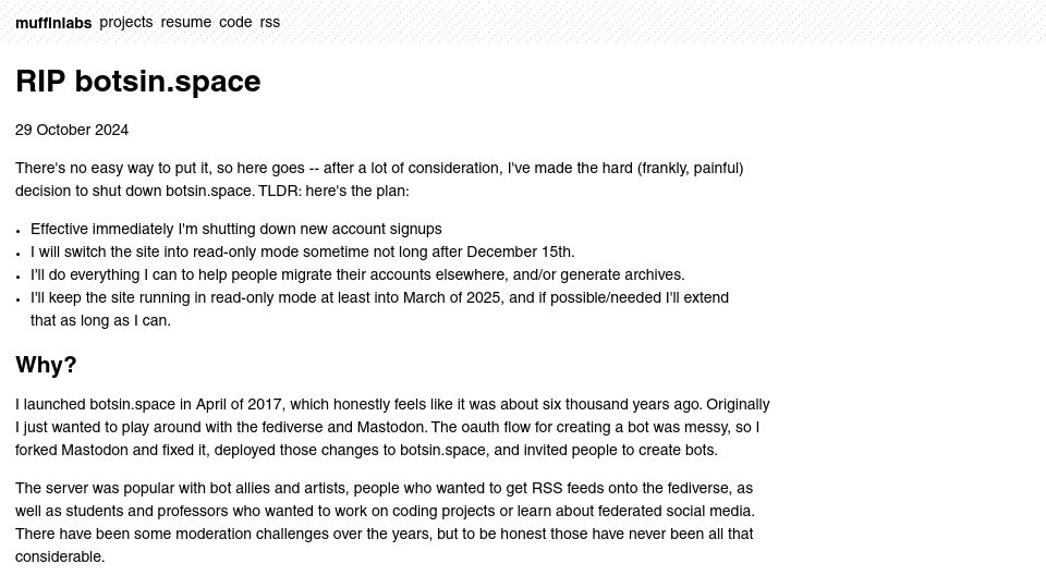 Screenshot of muffinlabs.com: RIP botsin.space