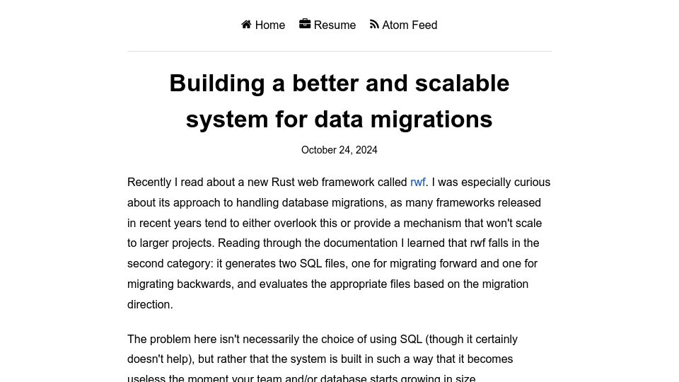 Screenshot of yorickpeterse.com: Building a better and scalable system for data migrations