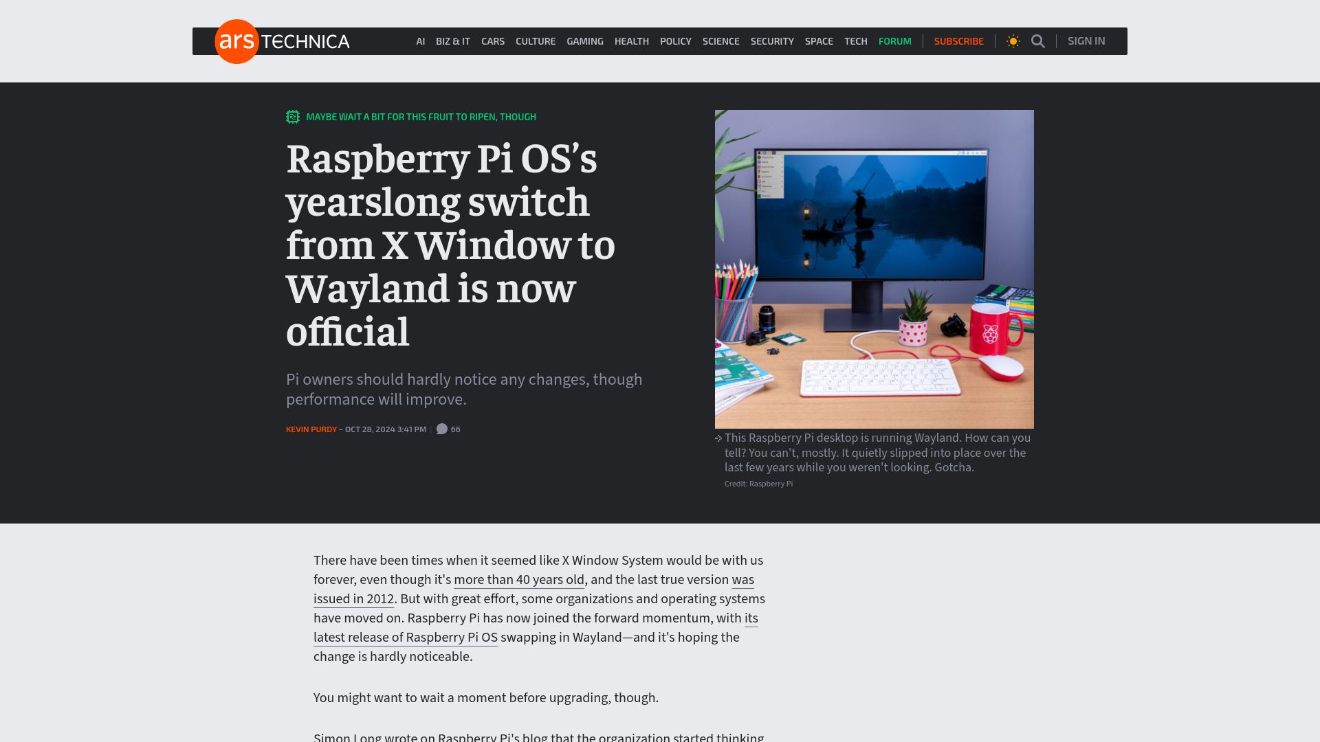 Screenshot of arstechnica.com: Raspberry Pi OS's yearslong switch from X Window to Wayland is now official