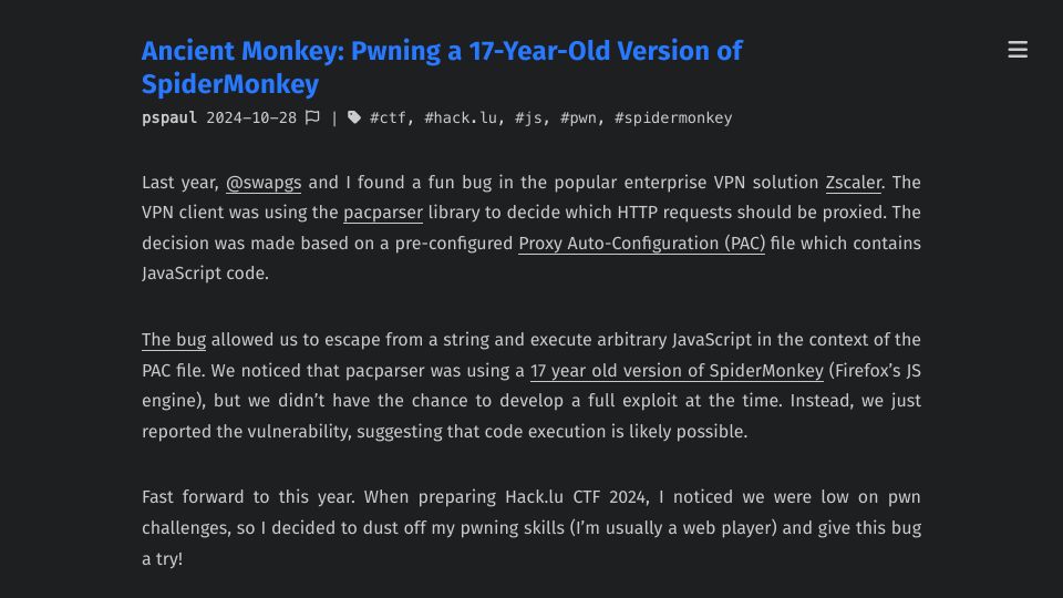 Screenshot of blog.pspaul.de: Ancient Monkey: Pwning a 17-Year-Old Version of SpiderMonkey