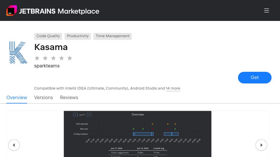 Screenshot of plugins.jetbrains.com: Show HN: Kasama – an IntelliJ plugin to keep track of your coding practices