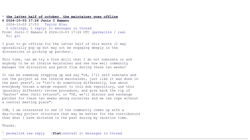 Screenshot of lore.kernel.org: The latter half of October, the maintainer goes offline